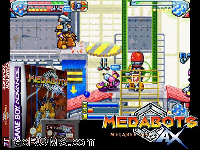 Medabots Ax - Metabee Version Gameboy Advance game showing 3D box cover and gameplay screenshot